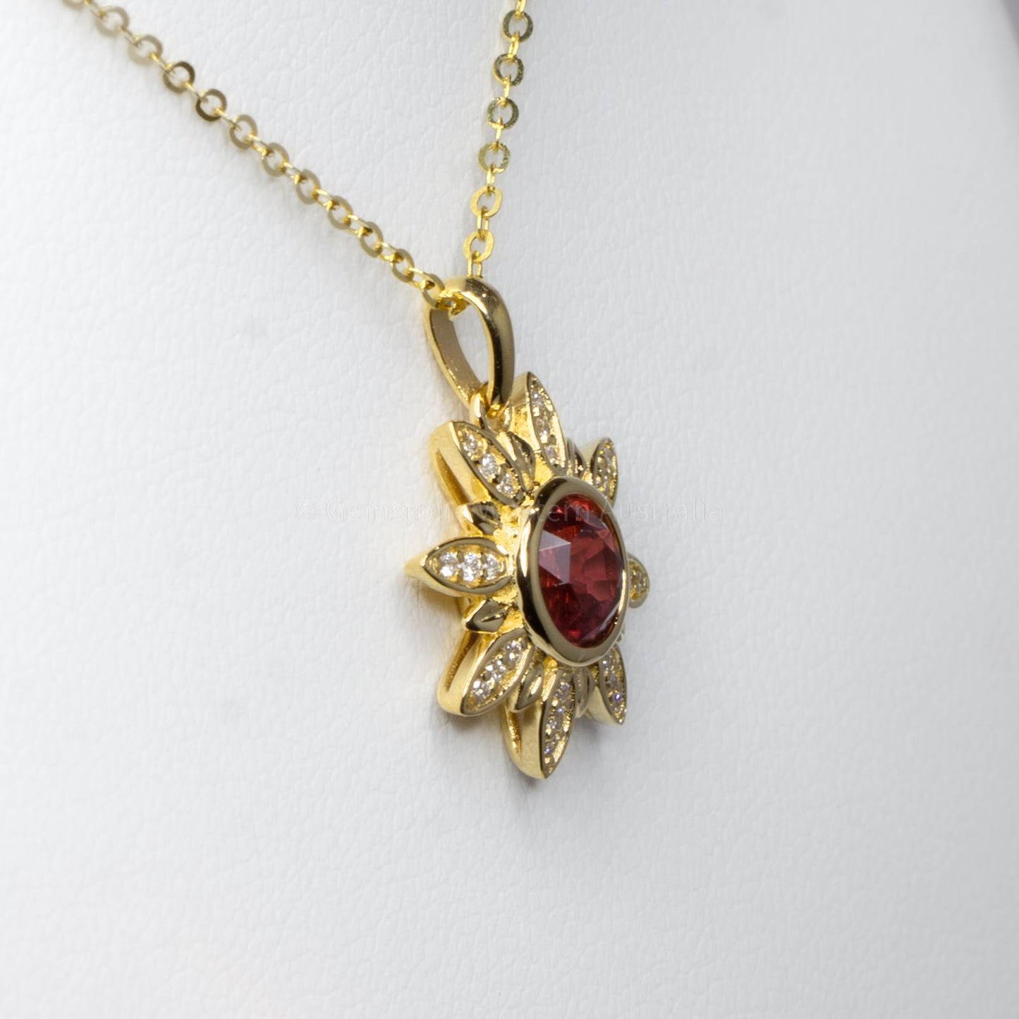 Orangy Red Sapphire and Diamonds Flower Pendant in 18K Yellow Gold