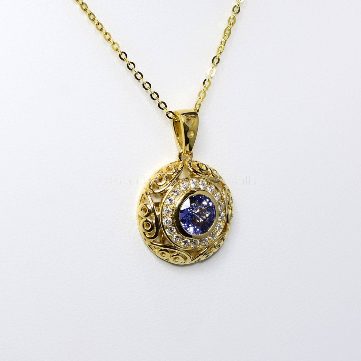 Natural Unheated Blue Sapphire and Diamond Pendant in 18K Yellow Gold