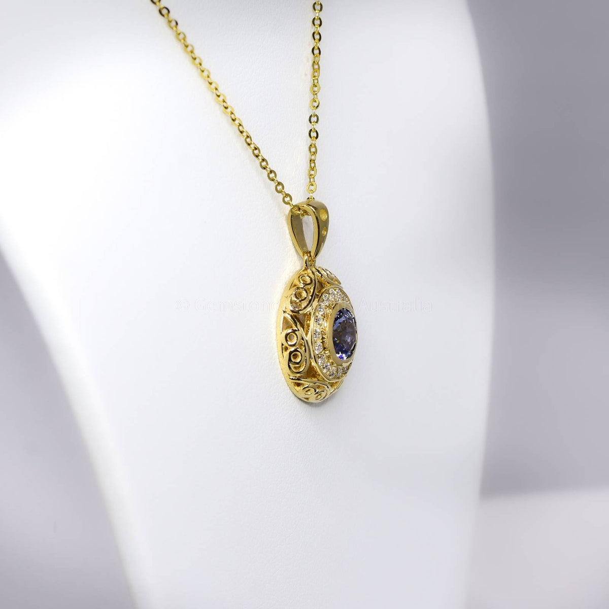 Natural Unheated Blue Sapphire and Diamond Pendant in 18K Yellow Gold