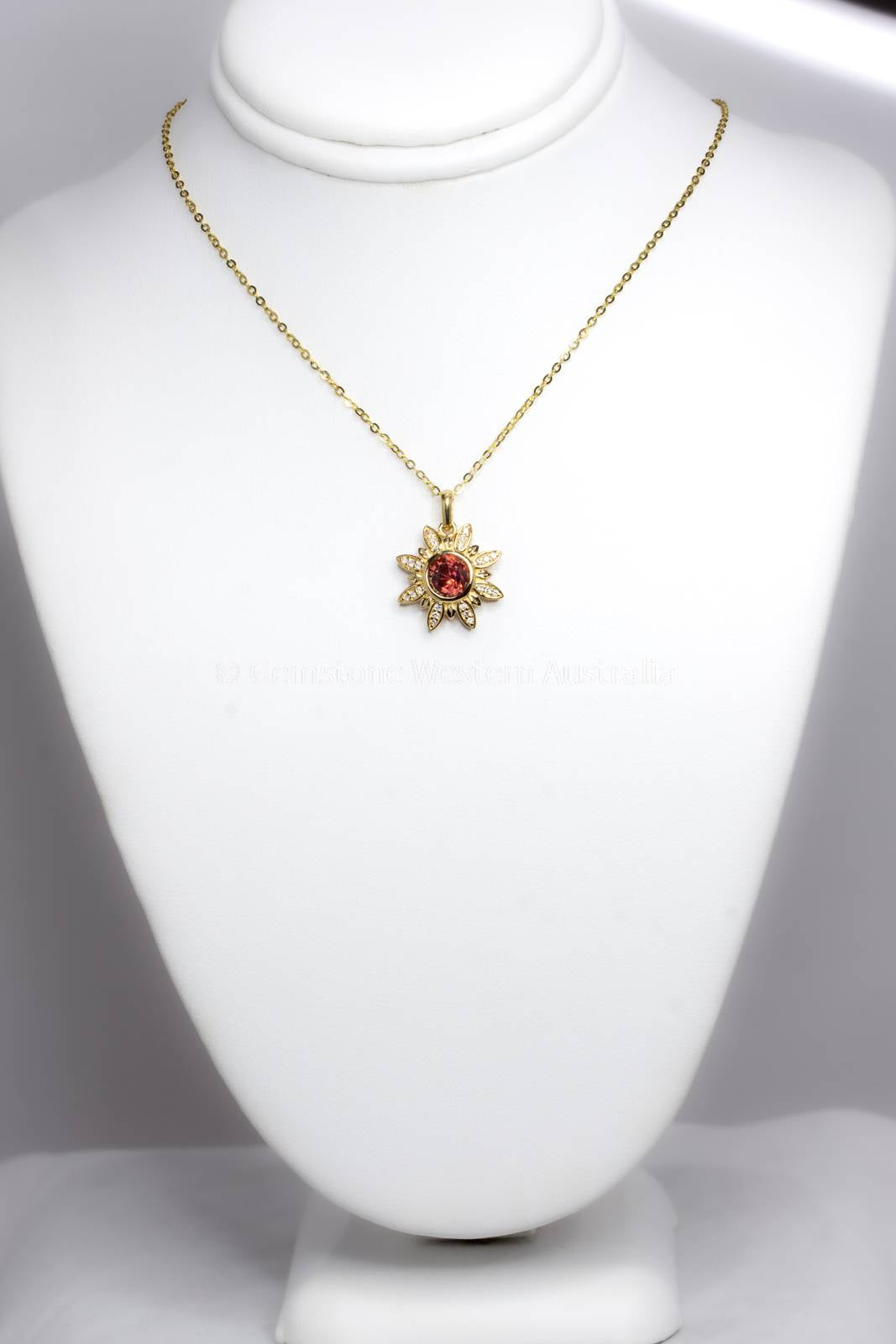 Orangy Red Sapphire and Diamonds Flower Pendant in 18K Yellow Gold