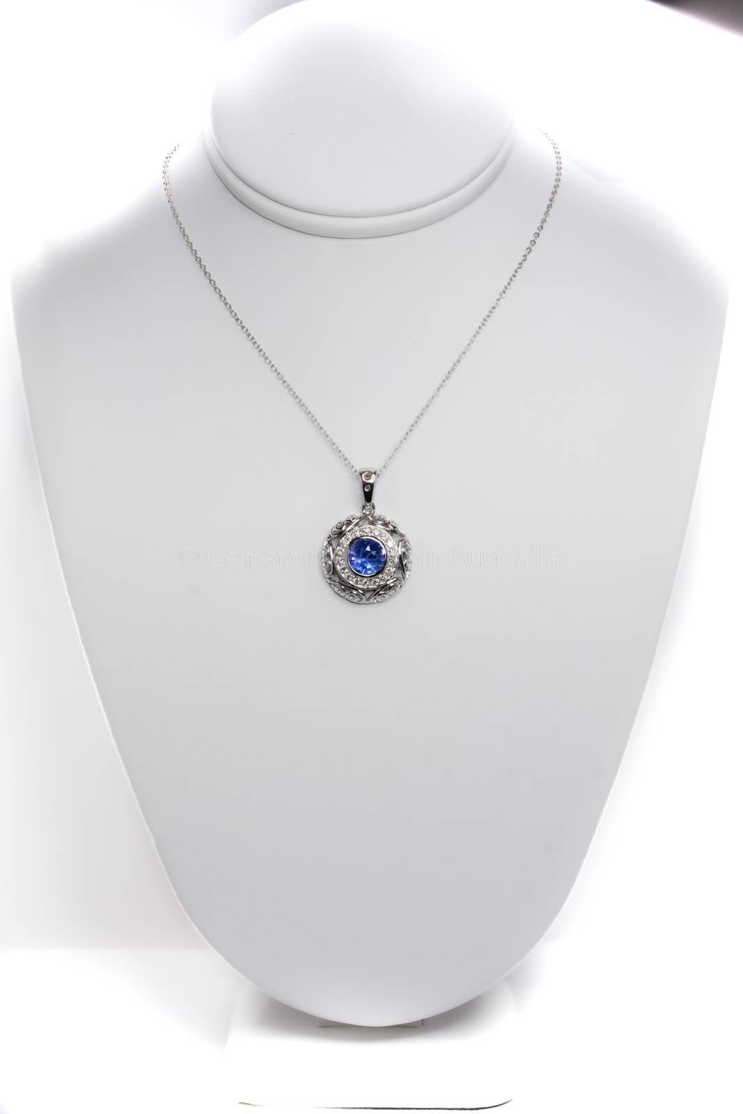 Natural Unheated Blue Sapphire and Diamond Pendant in 18K White Gold