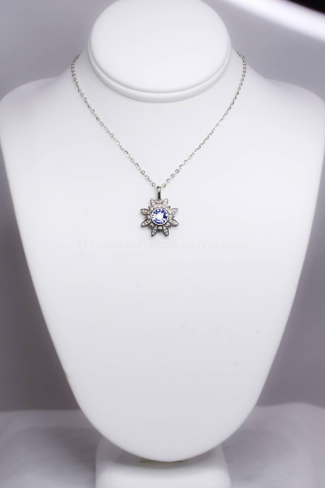 Cornflower Blue Sapphire and Diamonds Flower Pendant in 18K White Gold
