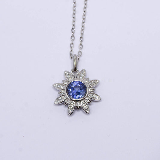 Cornflower Blue Sapphire and Diamonds Flower Pendant in 18K White Gold