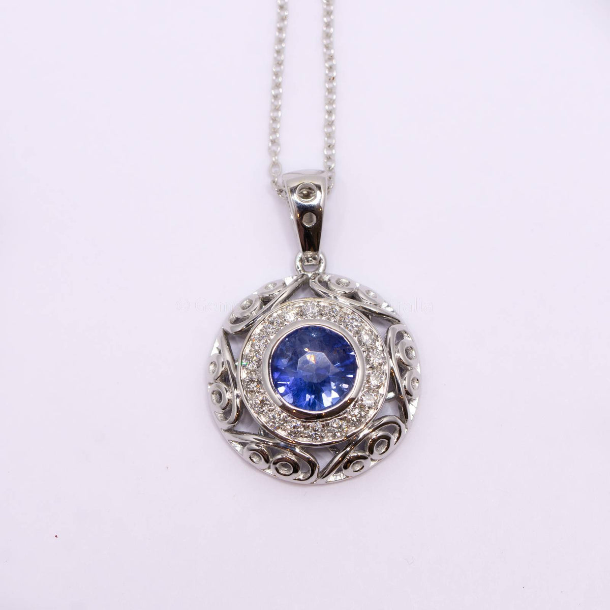 Natural Unheated Blue Sapphire and Diamond Pendant in 18K White Gold