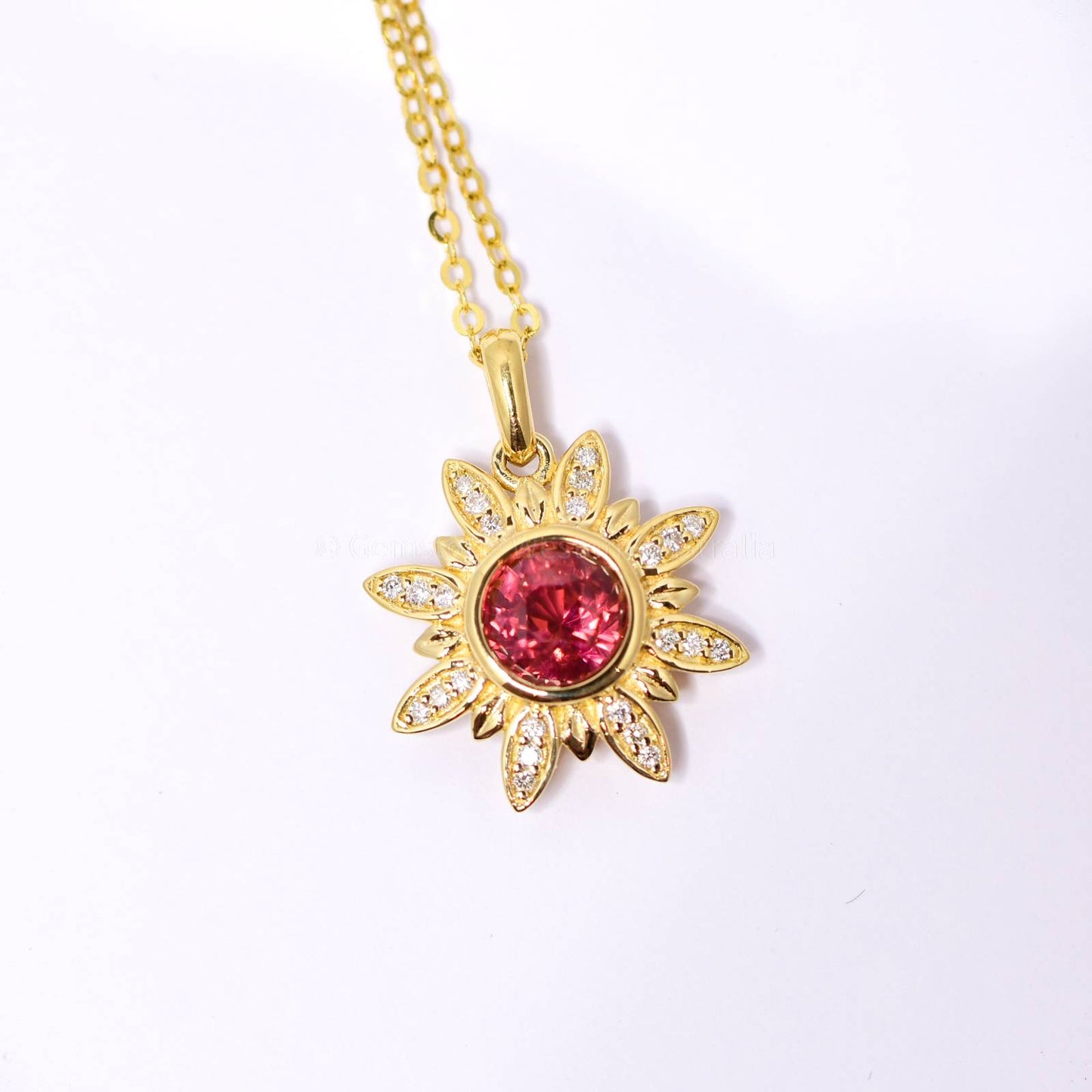 Orangy Red Sapphire and Diamonds Flower Pendant in 18K Yellow Gold