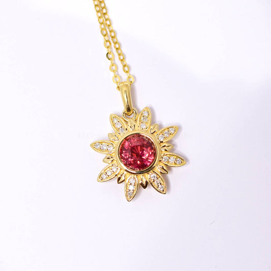 Orangy Red Sapphire and Diamonds Flower Pendant in 18K Yellow Gold