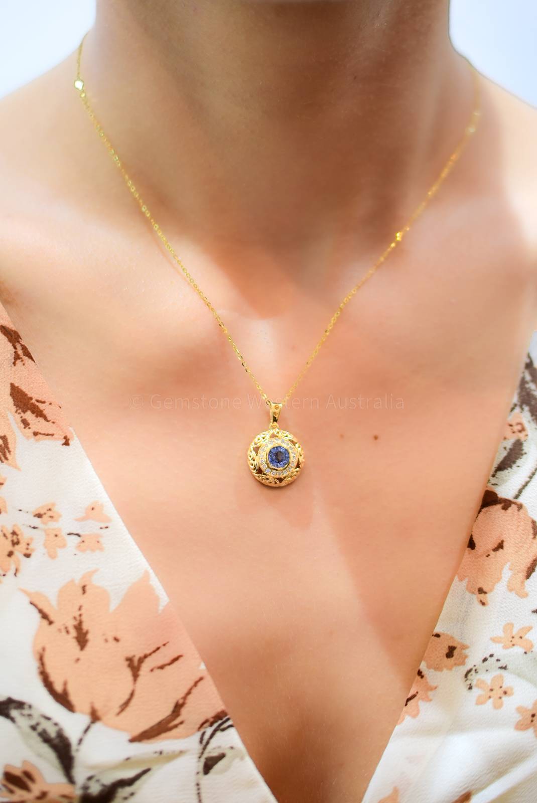 Natural Unheated Blue Sapphire and Diamond Pendant in 18K Yellow Gold