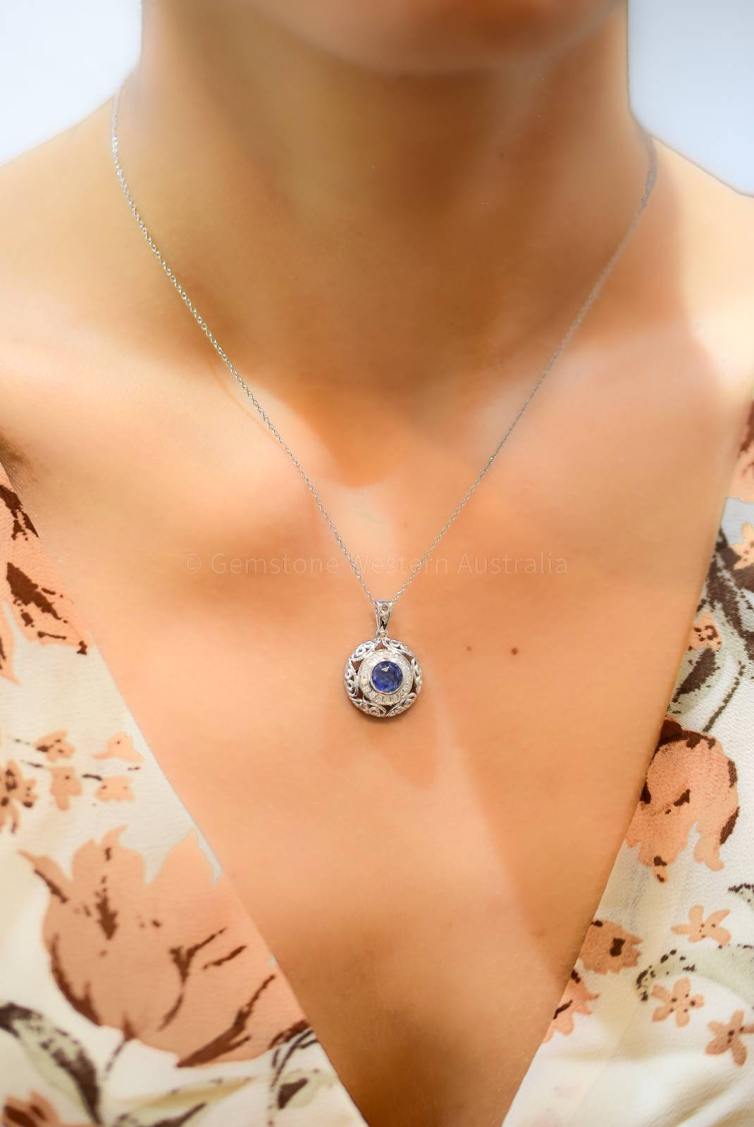 Natural Unheated Blue Sapphire and Diamond Pendant in 18K White Gold