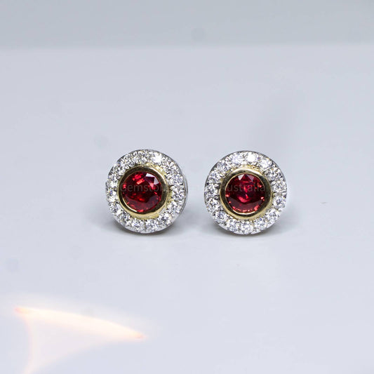 Natural Unheated Ruby Earrings with Diamond Halo Stud Earrings 18K Gold