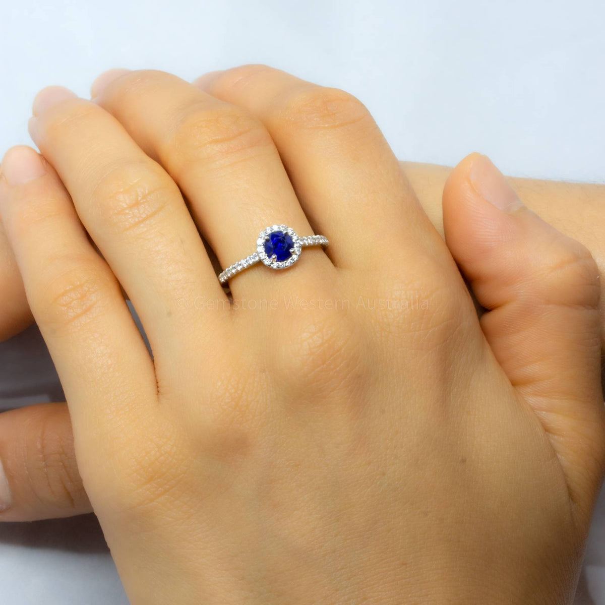 Natural Blue Sapphire Ring Sapphire Diamond Halo Ring 18K Gold
