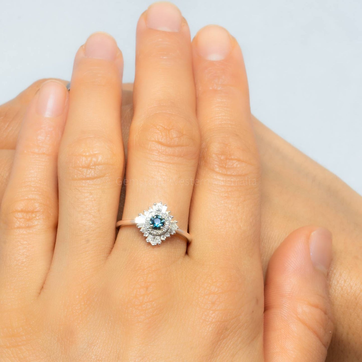 Natural Teal Sapphire Ring - Teal Sapphire Diamond Halo Ring 18K Gold