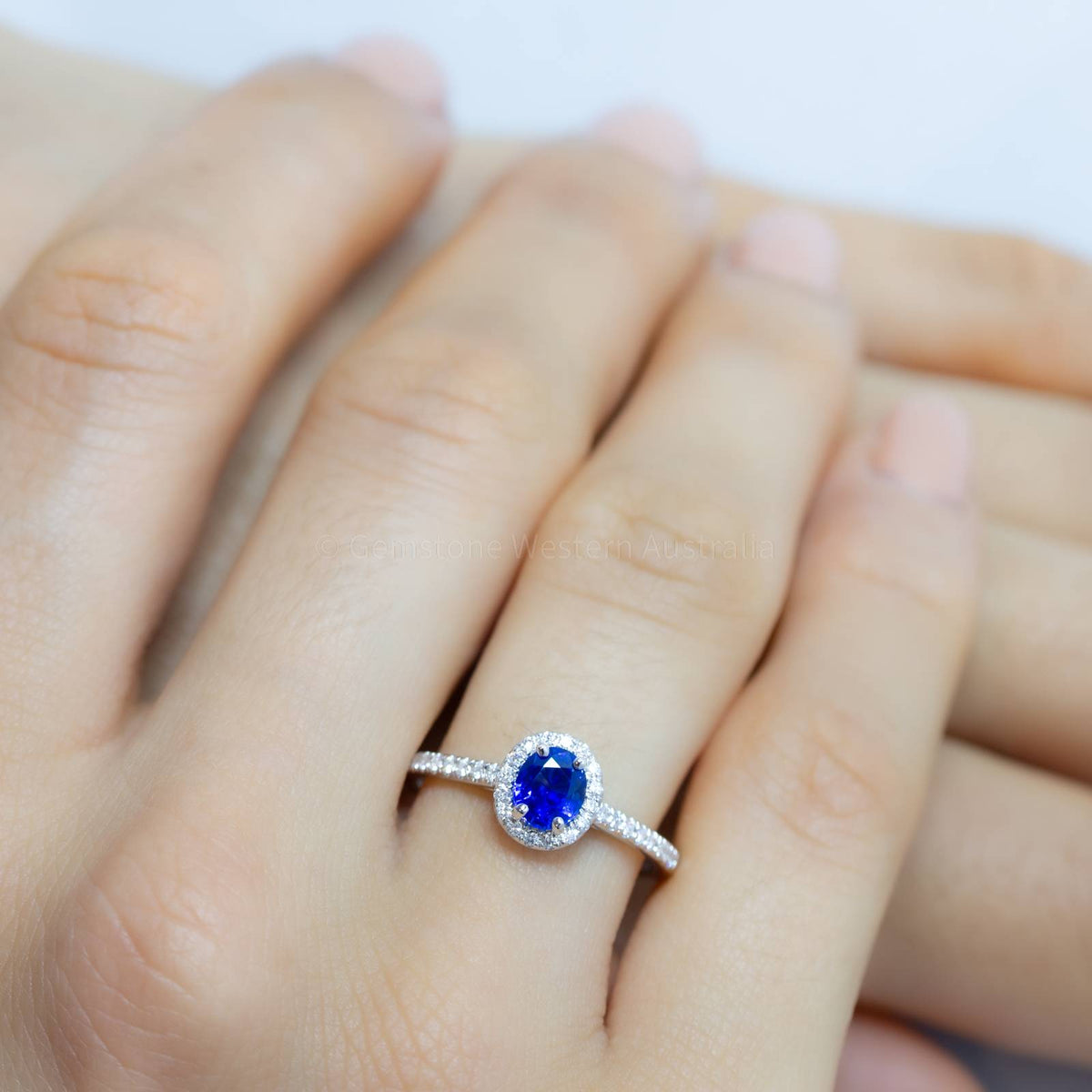 Natural Oval Blue Sapphire Ring Sapphire Diamond Halo Ring 18K White Gold