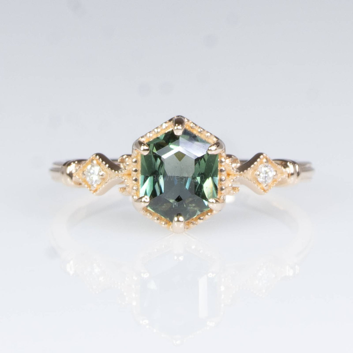 Hexagon Teal Sapphire and Diamonds Ring
