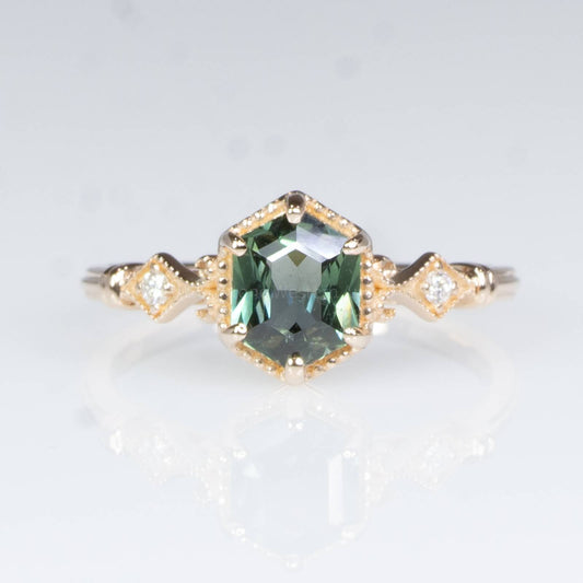 Hexagon Teal Sapphire and Diamonds Ring