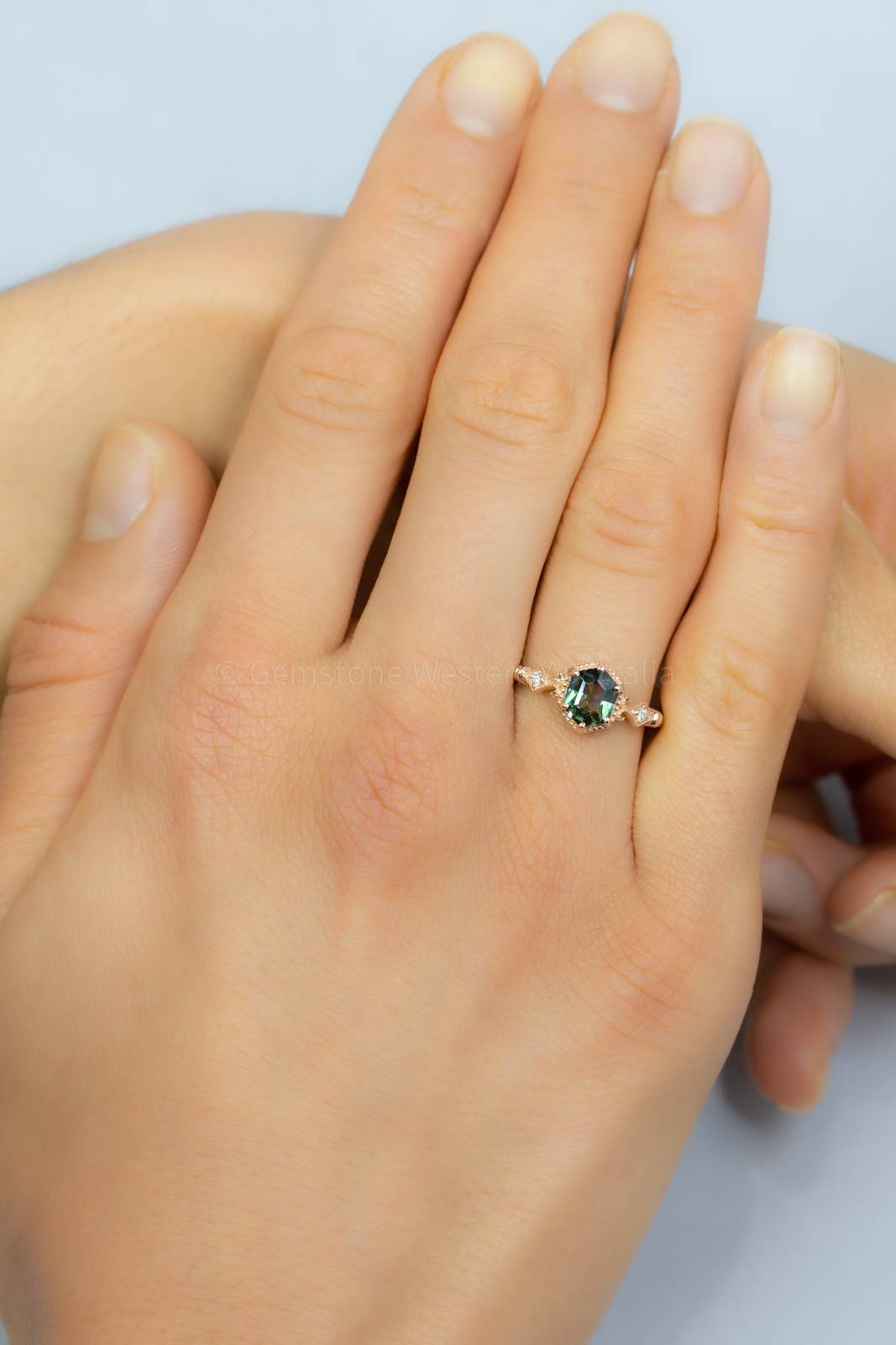 Hexagon Teal Sapphire and Diamonds Ring