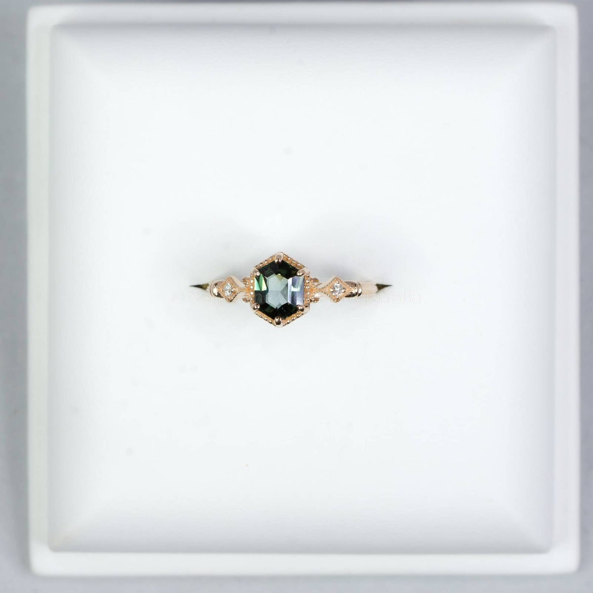 Hexagon Teal Sapphire and Diamonds Ring