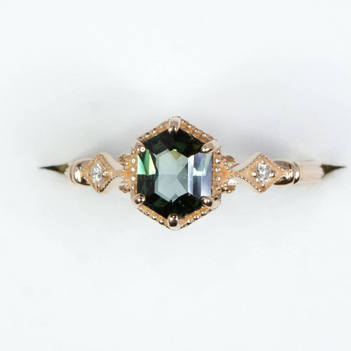 Hexagon Teal Sapphire and Diamonds Ring