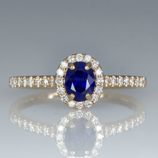 Natural Unheated Blue Sapphire Ring Sapphire Diamond Halo Ring in 18K Rose Gold