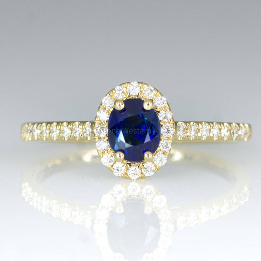 Natural Unheated Blue Sapphire Ring Sapphire Diamond Halo Ring in 18K Yellow Gold
