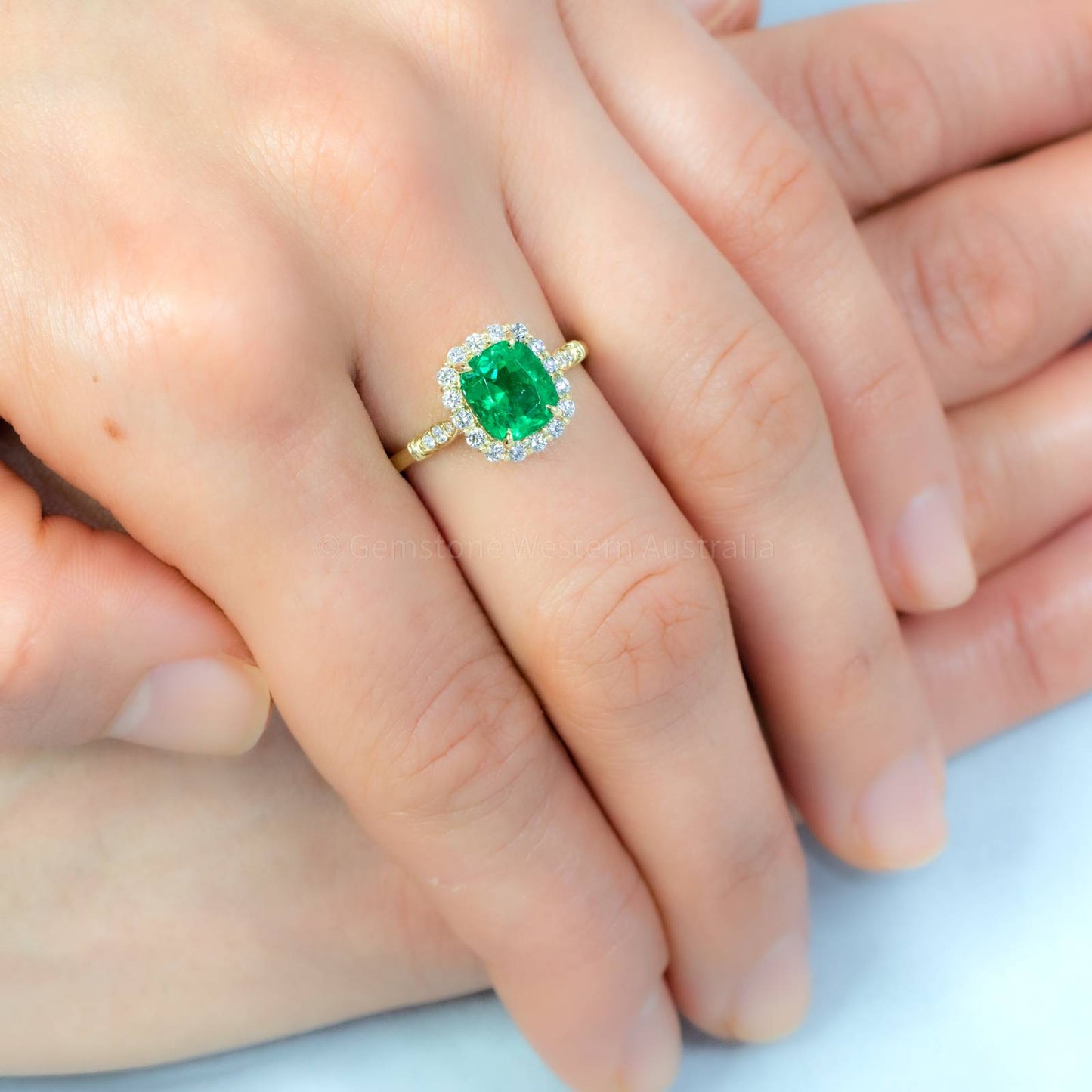 1.9ct Colombian Emerald Statement Ring Emerald Halo Ring in 18K Yellow Gold