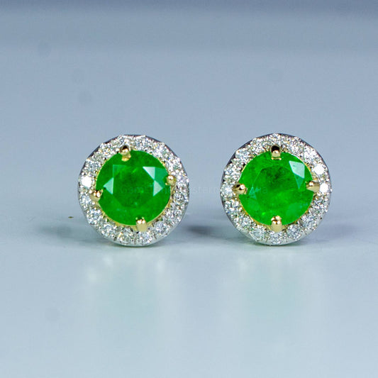 Round Colombian Emerald and Diamond Stud Earrings