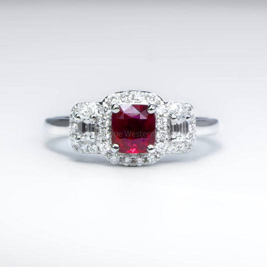 Natural Unheated Ruby Three Stone Halo Ring Ruby and Diamond Three Stone Ring