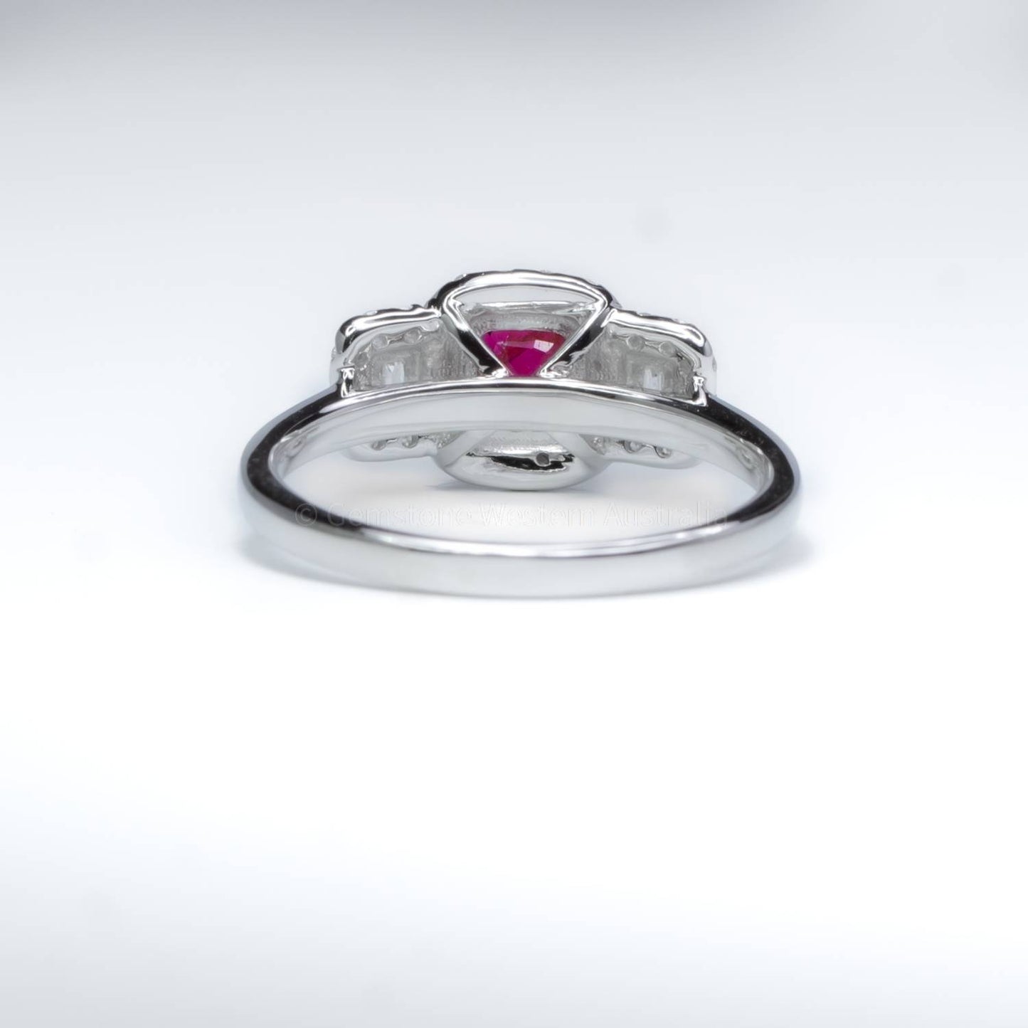 Natural Unheated Ruby Three Stone Halo Ring Ruby and Diamond Three Stone Ring