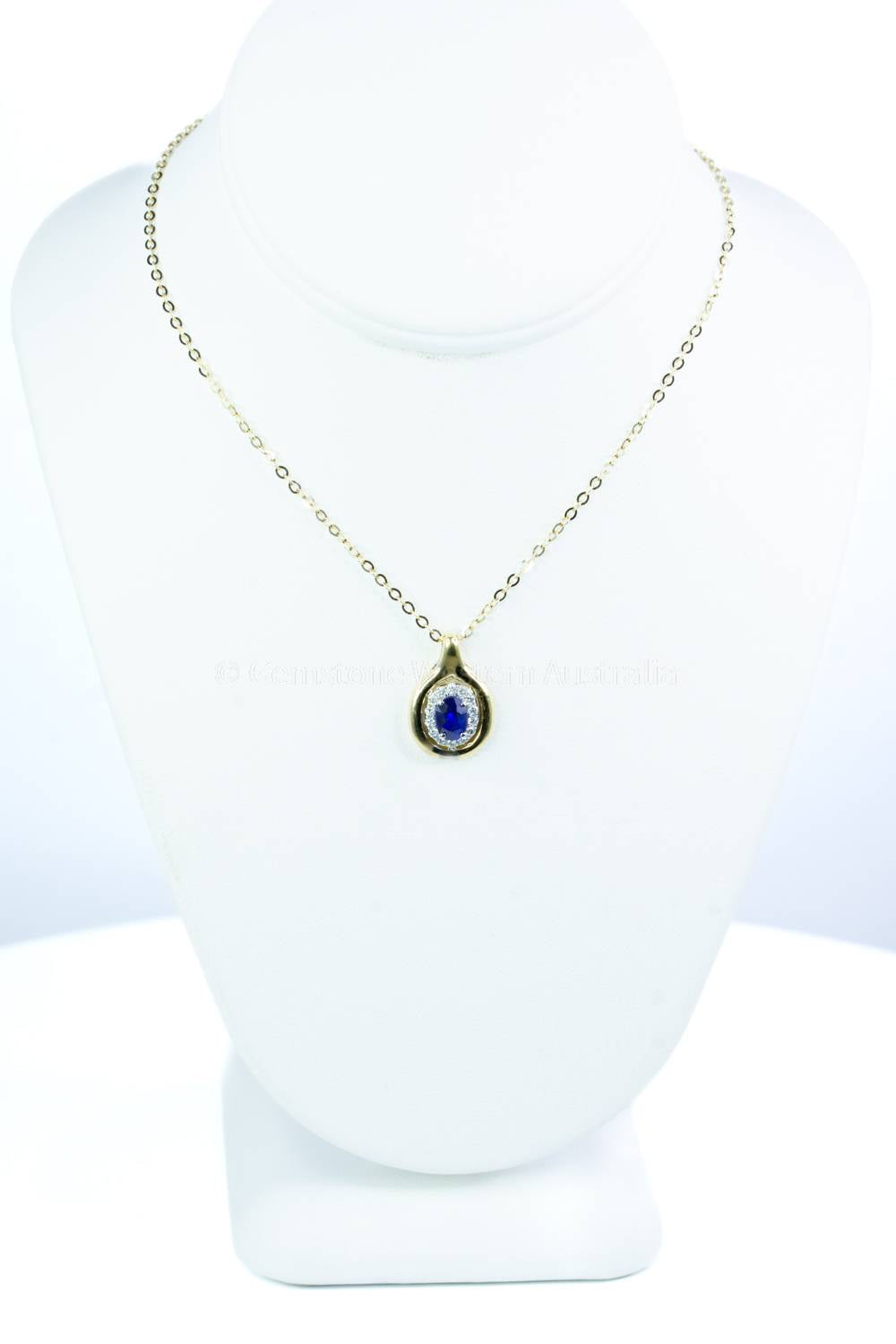 Natural Sapphire and Diamonds Halo Pendant in 18K White and Yellow Gold