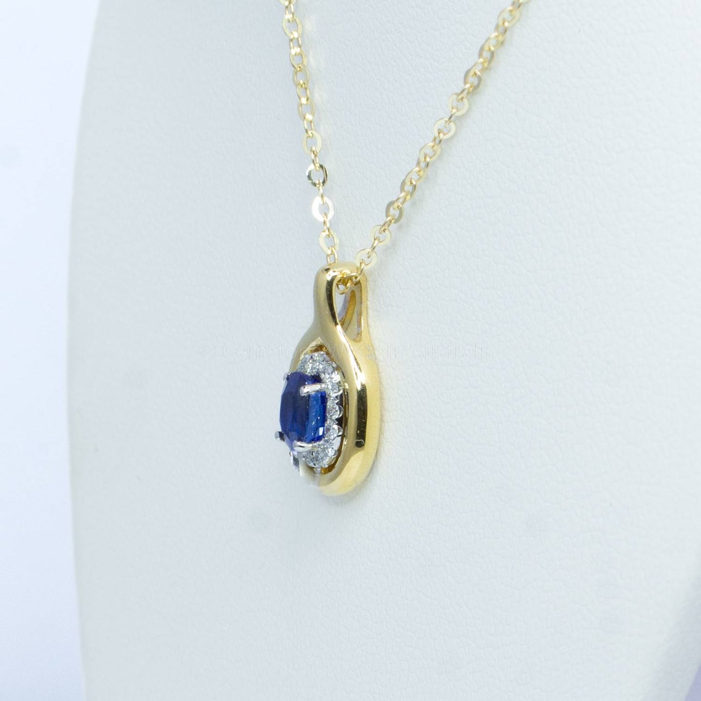 Natural Sapphire and Diamonds Halo Pendant in 18K White and Yellow Gold