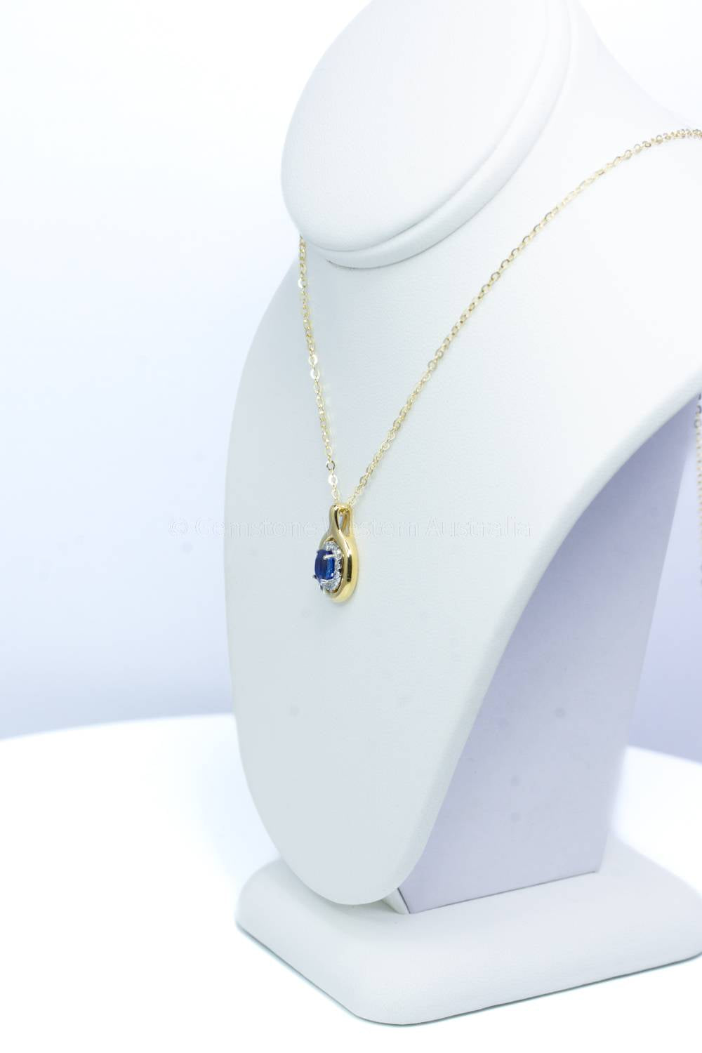 Natural Sapphire and Diamonds Halo Pendant in 18K White and Yellow Gold