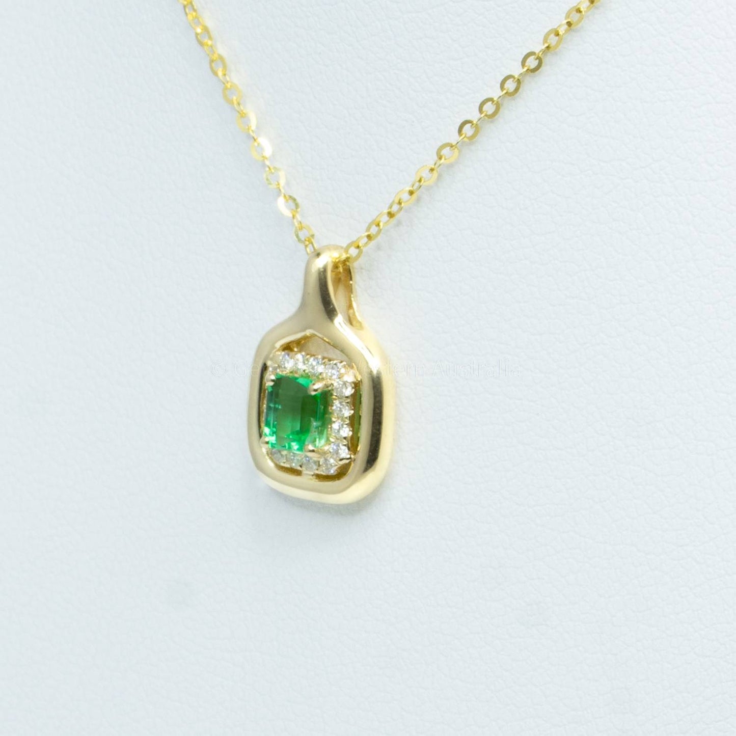 Emerald Cut Colombian Emerald and Diamonds Halo Pendant in 18K Yellow Gold