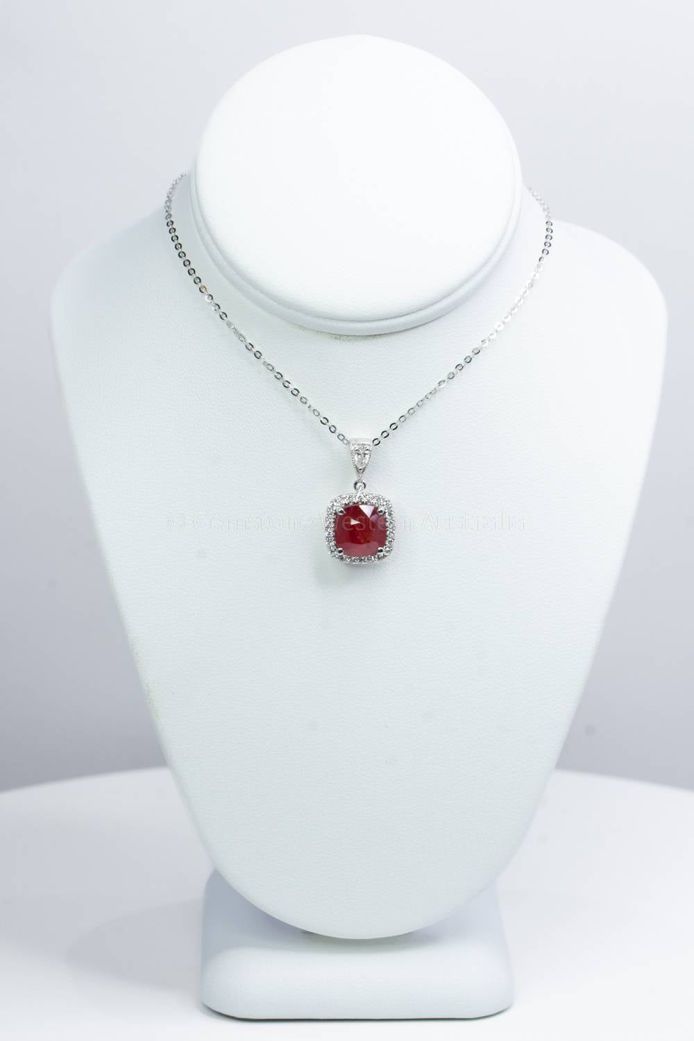 Unheated Ruby and Diamond Halo Pendant in 18k White Gold - 4.1ct Ruby