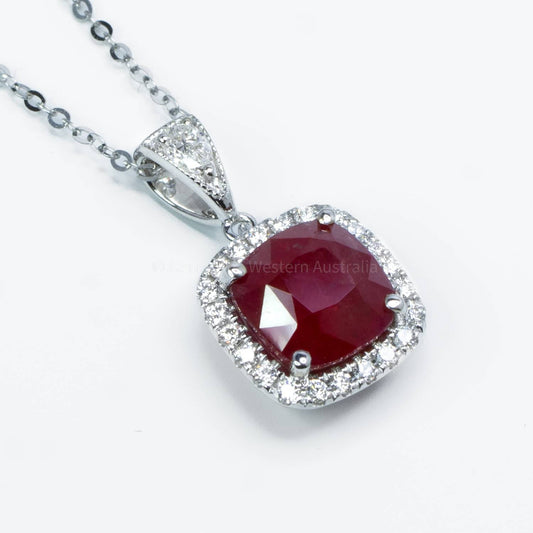 Unheated Ruby and Diamond Halo Pendant in 18k White Gold - 4.1ct Ruby