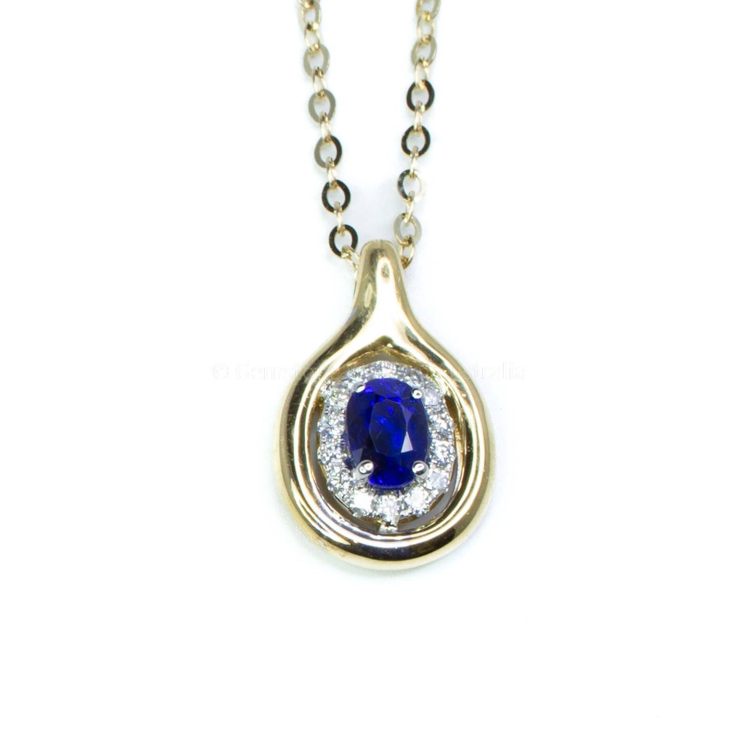 Natural Sapphire and Diamonds Halo Pendant in 18K White and Yellow Gold