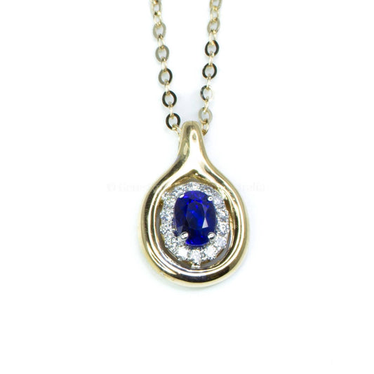 Natural Sapphire and Diamonds Halo Pendant in 18K White and Yellow Gold