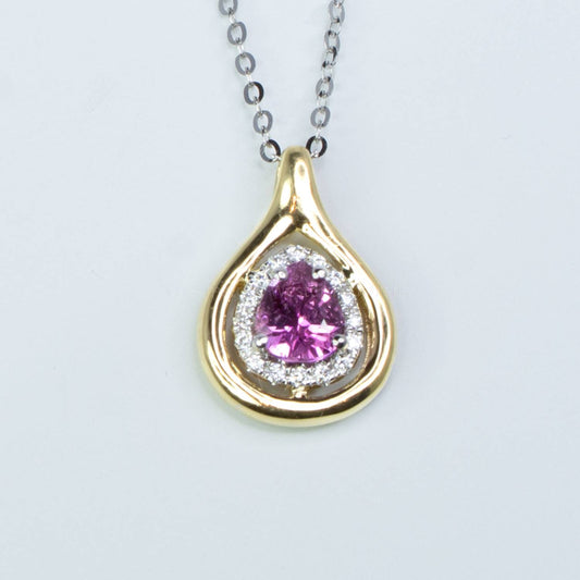 Natural Pink Sapphire and Diamonds Halo Pendant in 18K Yellow and White Gold