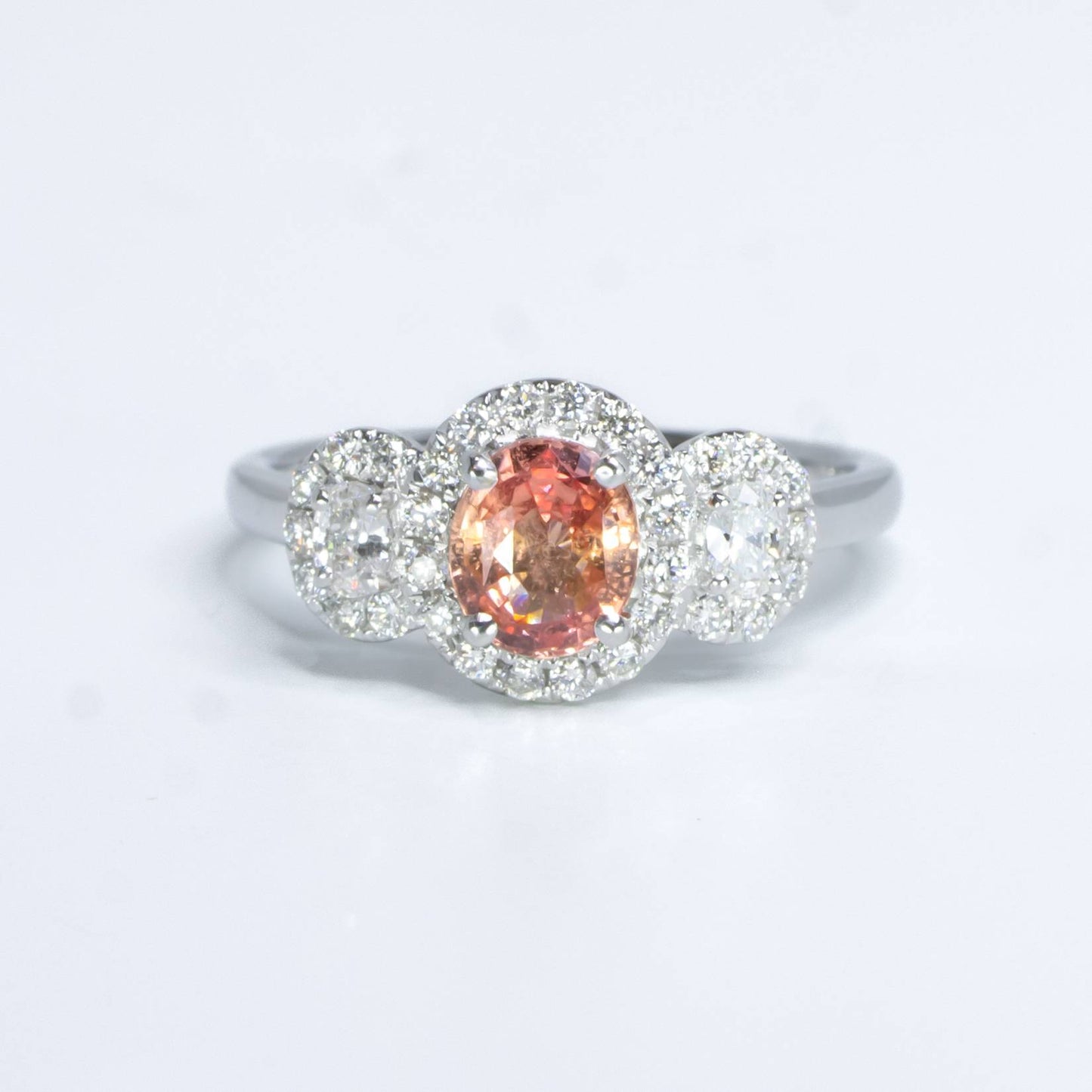 Padparadscha Sapphire Three Stone Halo Ring