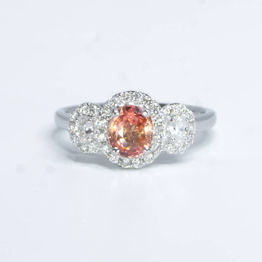 Padparadscha Sapphire Three Stone Halo Ring