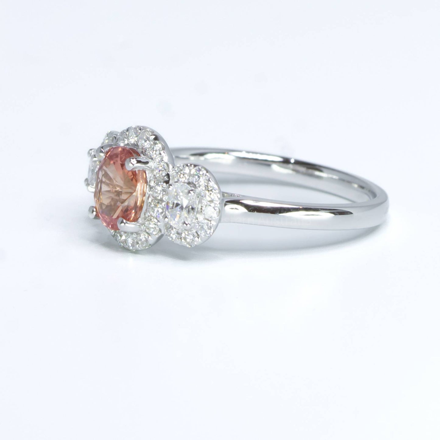 Padparadscha Sapphire Three Stone Halo Ring