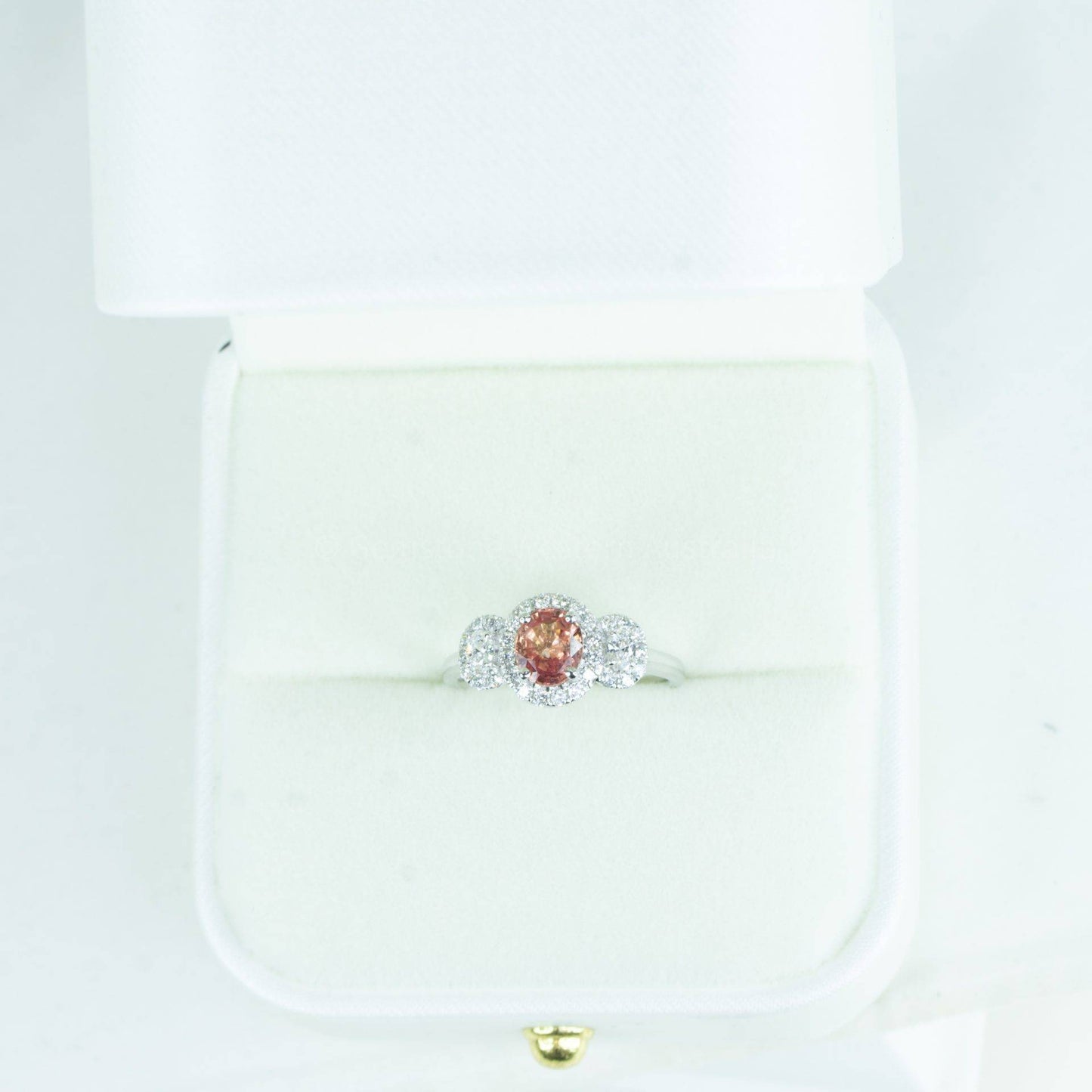 Padparadscha Sapphire Three Stone Halo Ring