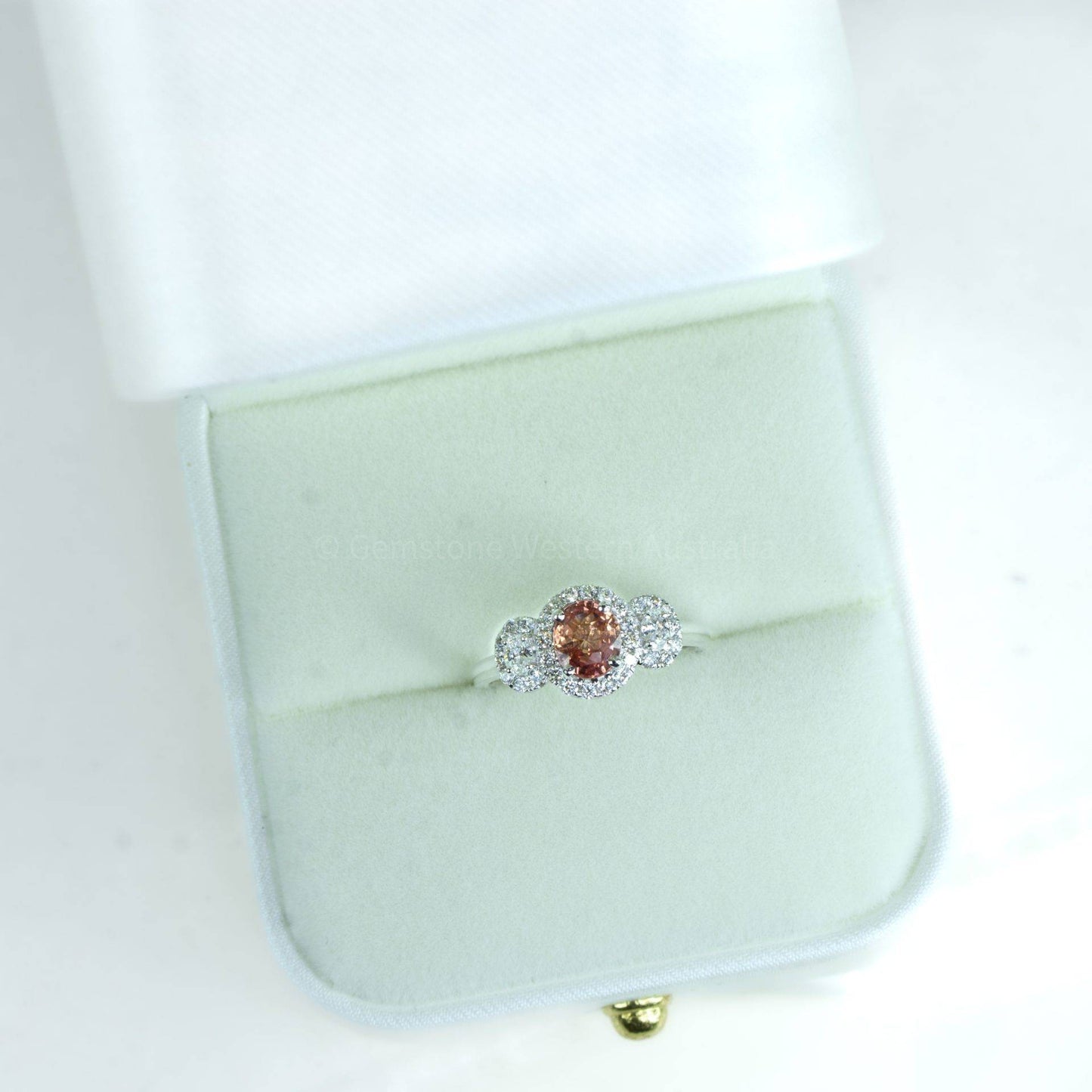 Padparadscha Sapphire Three Stone Halo Ring