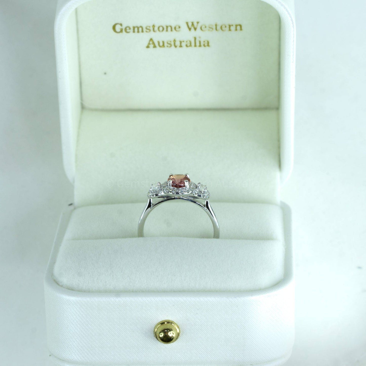 Padparadscha Sapphire Three Stone Halo Ring
