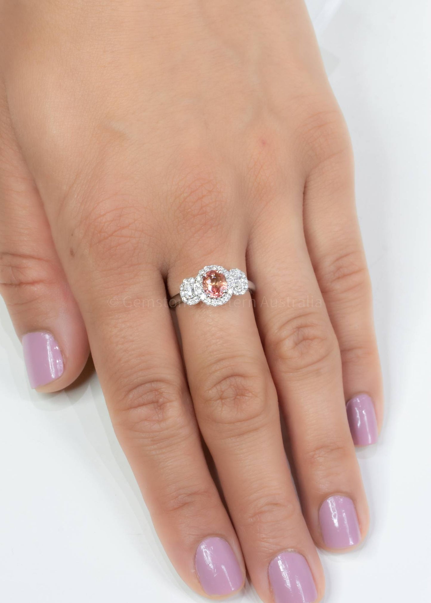 Padparadscha Sapphire Three Stone Halo Ring
