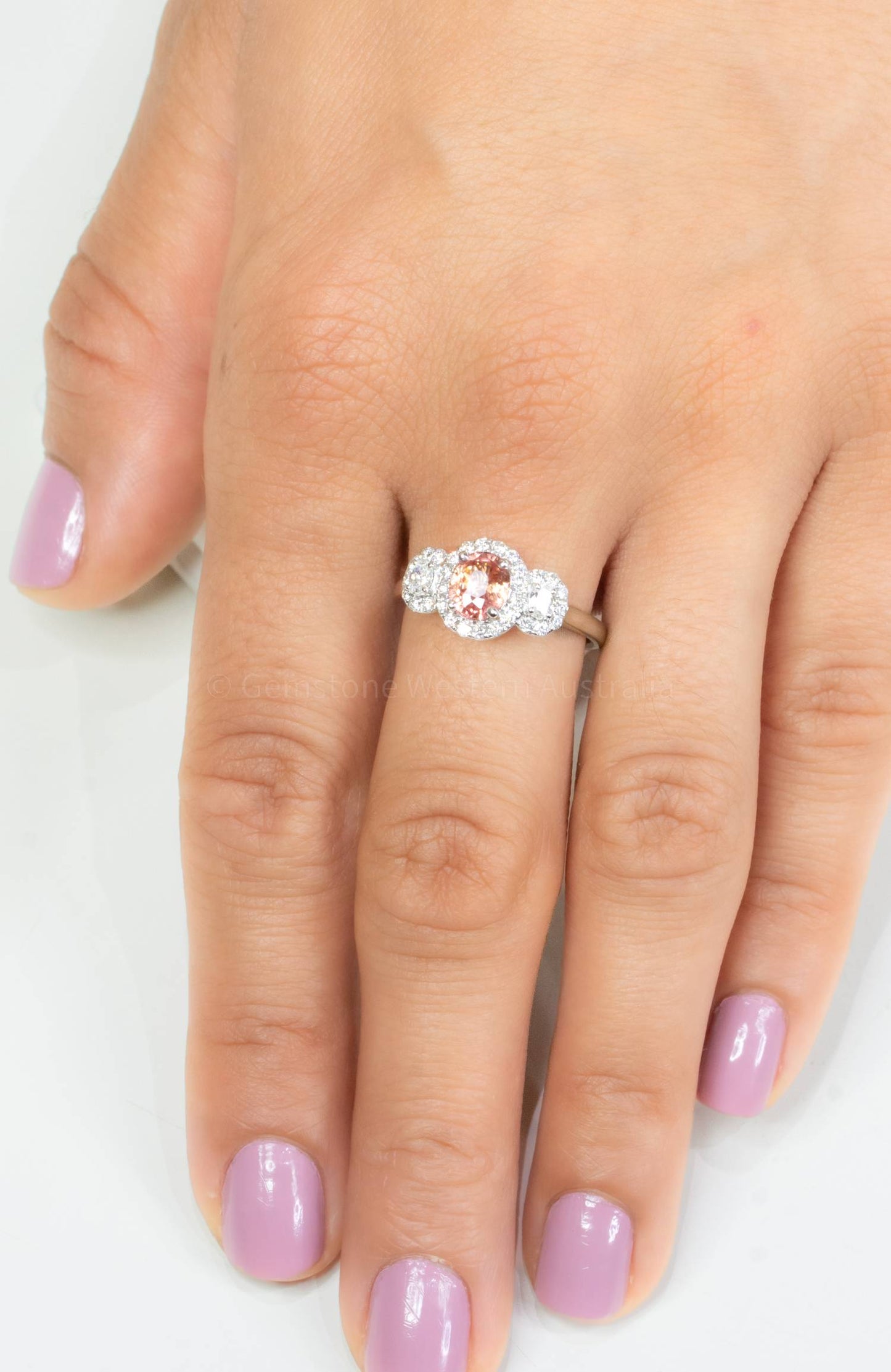 Padparadscha Sapphire Three Stone Halo Ring