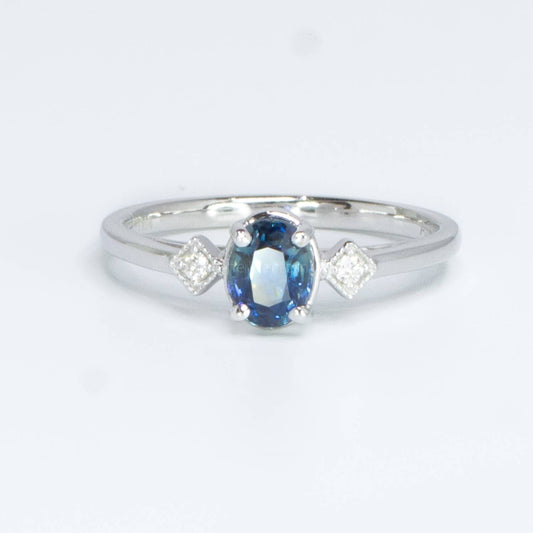 Unheated Teal Sapphire Ring Oval Teal Sapphire and Diamonds Ring