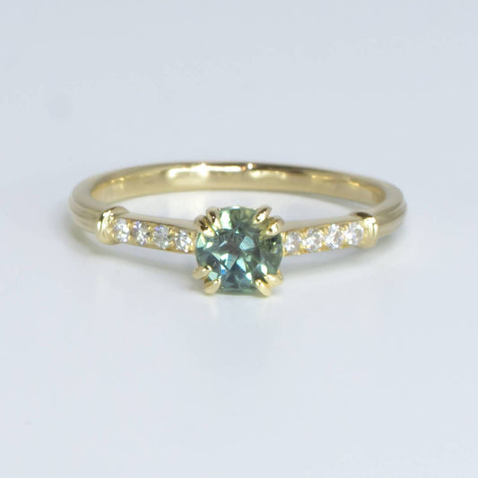 Unheated Teal Sapphire and Diamonds Ring Round Teal Sapphire and Diamond Ring