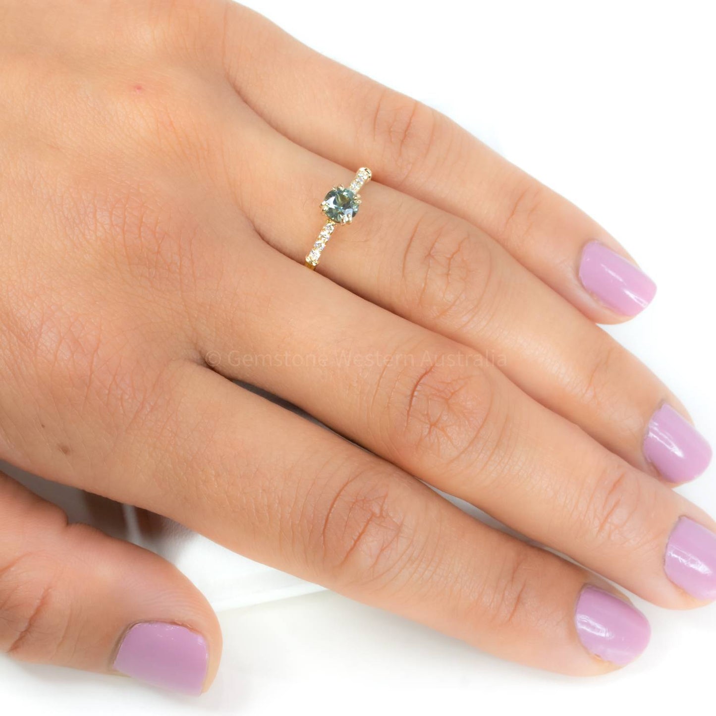 Unheated Teal Sapphire and Diamonds Ring Round Teal Sapphire and Diamond Ring