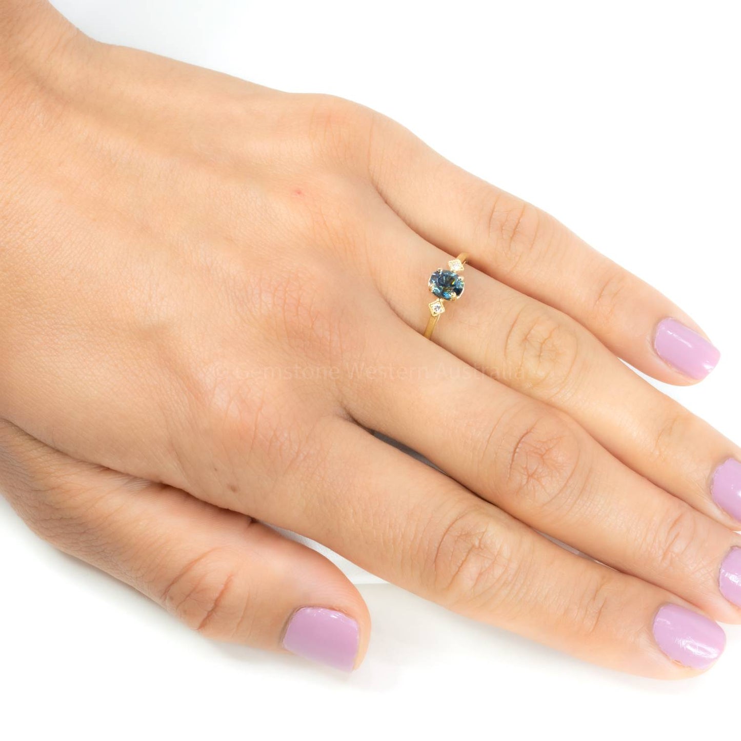 Unheated Teal Sapphire and Diamond Ring in Yellow Gold