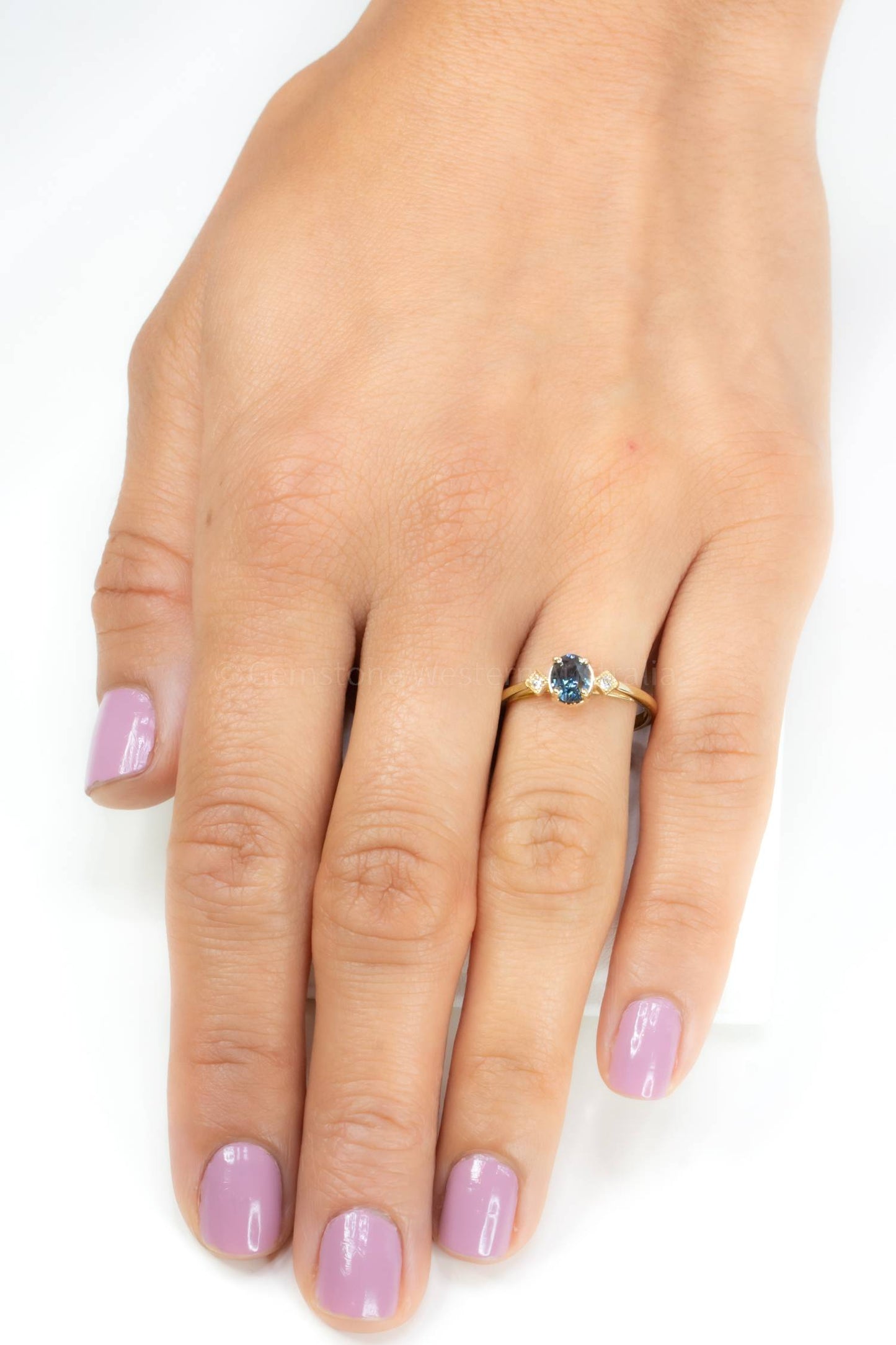 Unheated Teal Sapphire and Diamond Ring in Yellow Gold