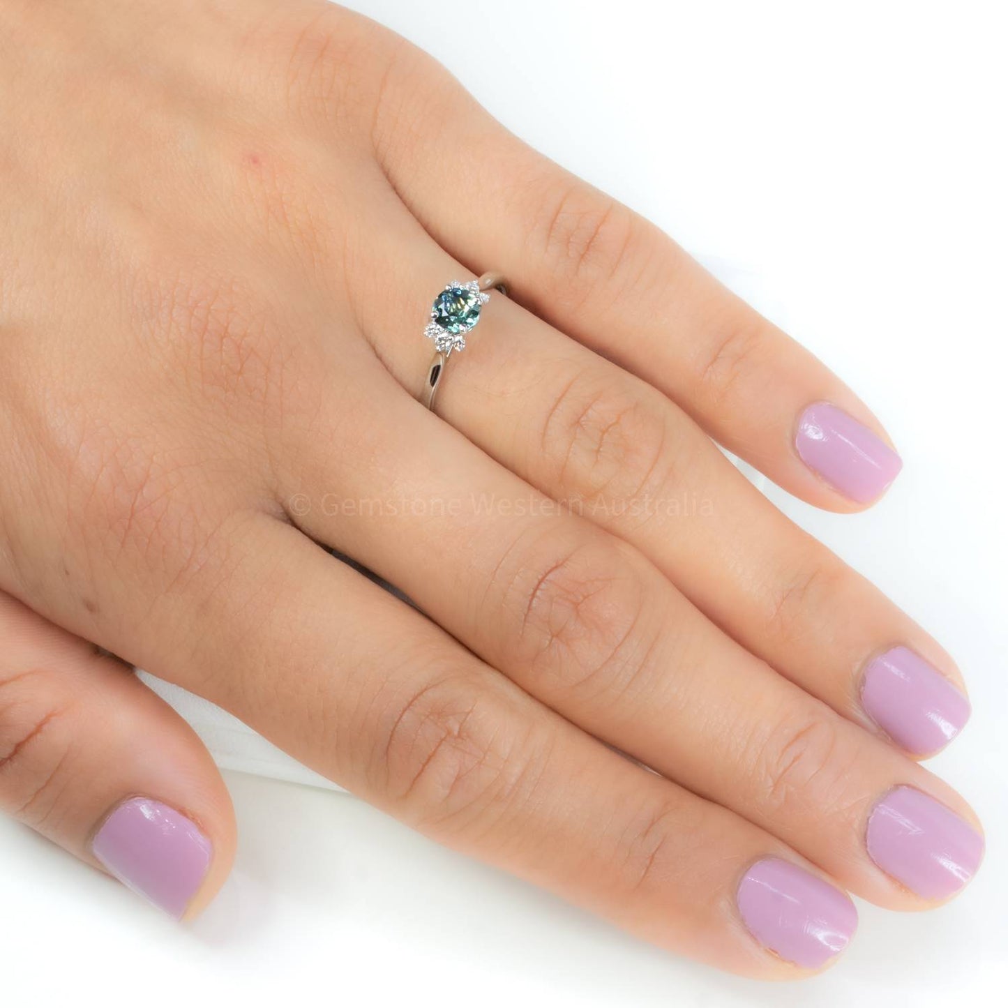 Unheated Teal Sapphire and Diamonds Ring in 14K White Gold
